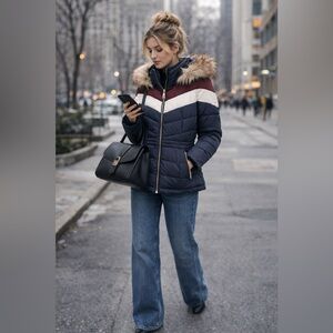 Nine West Chevron Colorblock Puffer Jacket with Faux Fur Trim Hood